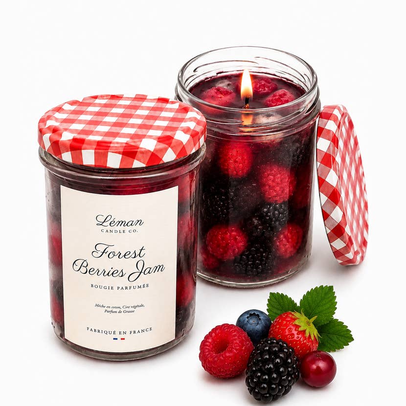 Forest Berries Jam Duftkerze von Léman Candle Co. mit dekorativen Wachsbeeren im Glas – Herstellerfoto