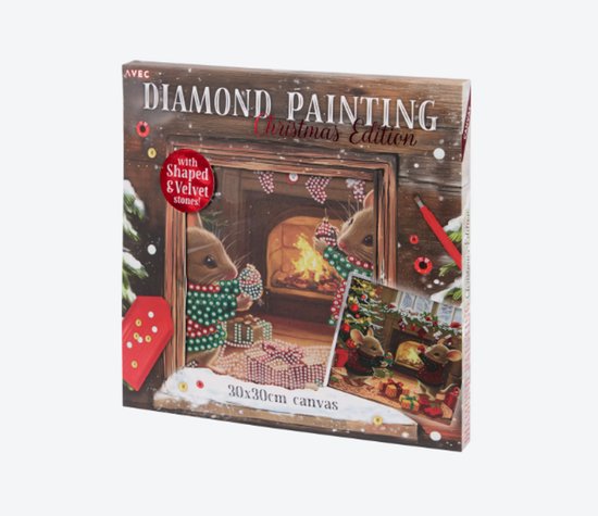 AVEC Diamond Painting Weihnachten – Mäuse am Kamin – 30 × 30 cm