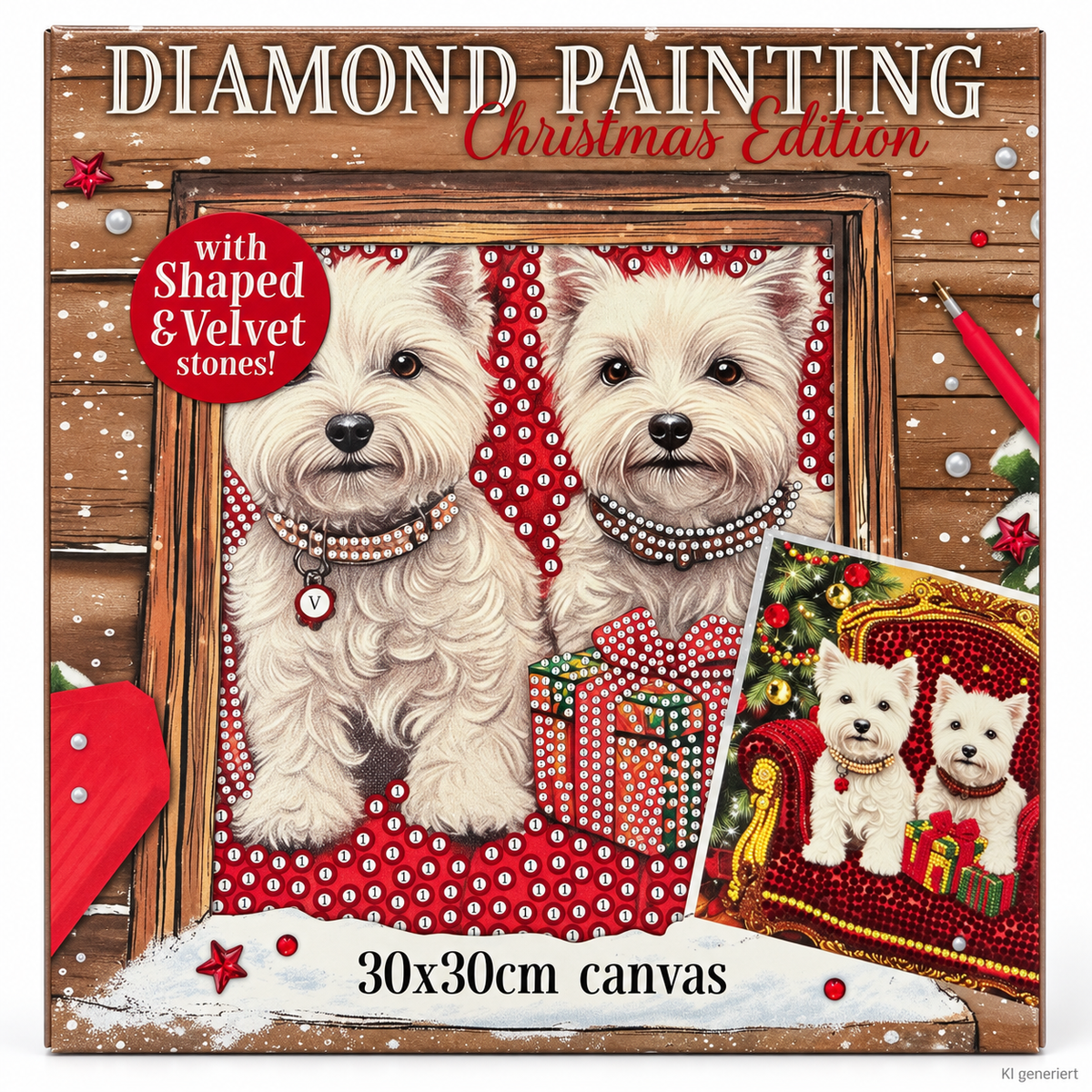 AVEC Diamond Painting Weihnachten – Zwei weiße Hunde – 30 × 30 cm