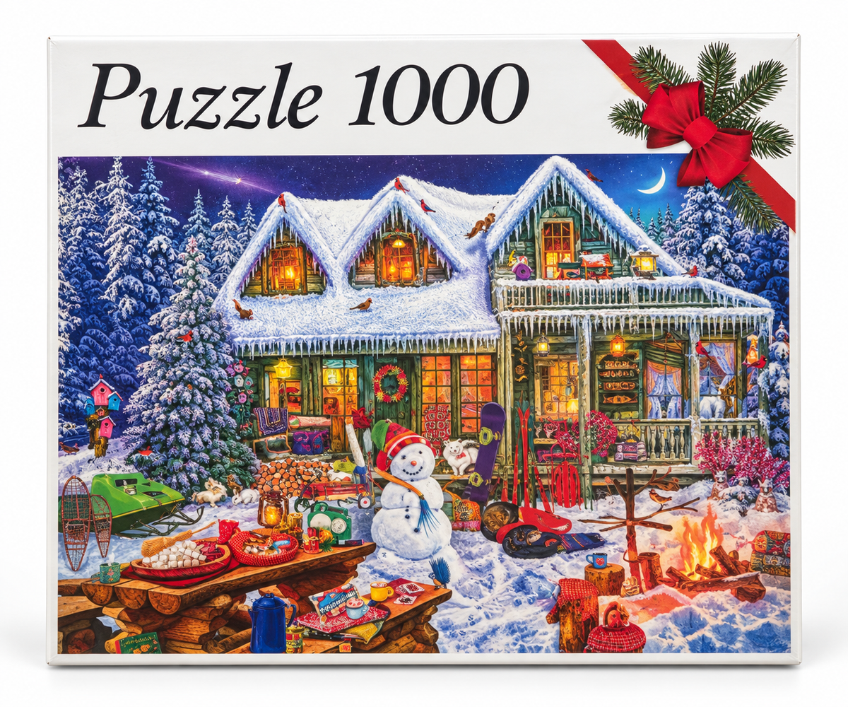 Weihnachtspuzzle – Verschneites Haus mit Schneemann – 1000 Teile