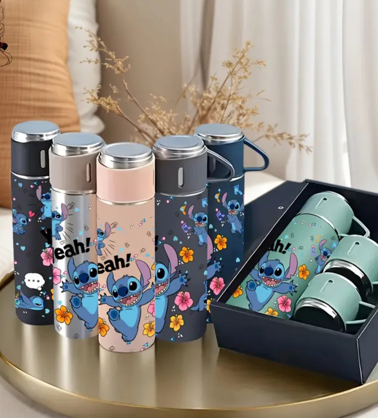 Thermosflaschen-Set mit Stitch-Motiv (inkl. 2 Bechern) petrol-blau