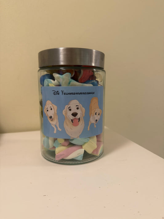 Süßigkeiten-Glas „Fellnasenrasselbande“ – Gummibärchen und Marshmallows 🐾✨