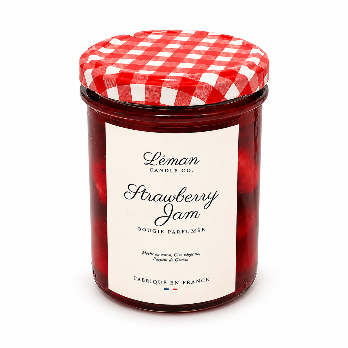 Strawberry Jam Kerze von Léman Candle Co. im roten Marmeladendesign mit kariertem Deckel